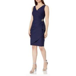 Alex Evenings Navy Sleeveless Draped Cocktail Dress Beaded Detail Size 18 MSRP